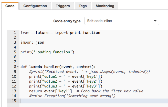 Editing code inline in the AWS console