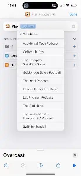 Example shortcut of the overcast podcast app