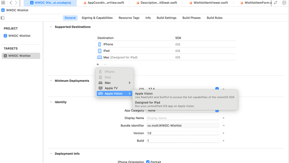 Adding Target for Apple Vision in Xcode 15 Supported Destinations screen